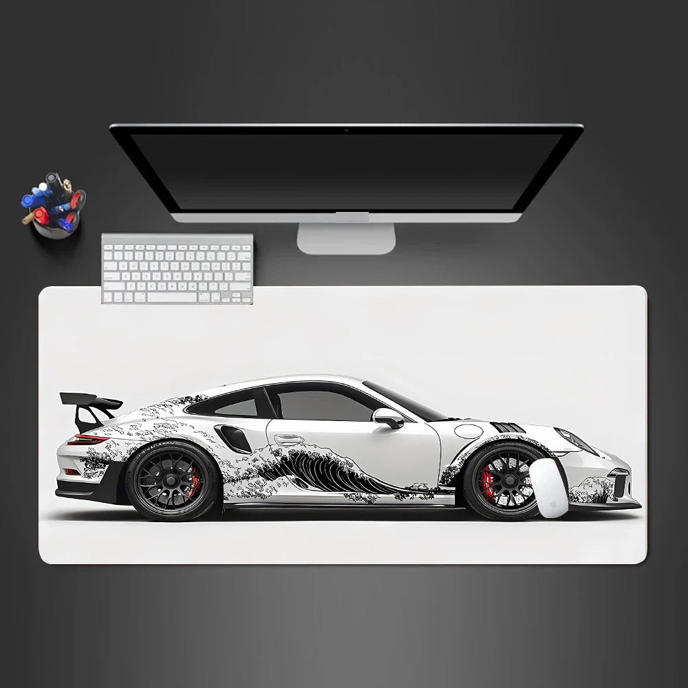White Porsche GT3RS Desk Mouse Pad for Elegant Workspaces & Gaming Setups