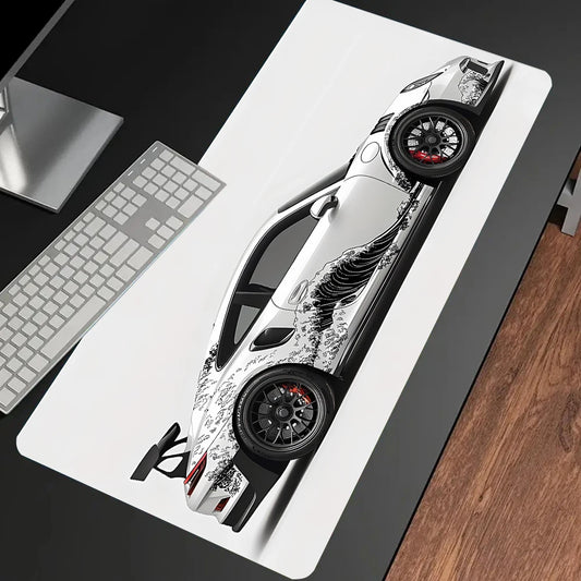 White Porsche GT3RS Desk Mouse Pad for Elegant Workspaces & Gaming Setups