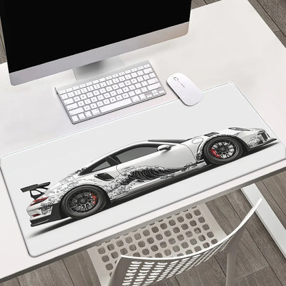 White Porsche GT3RS Desk Mouse Pad for Elegant Workspaces & Gaming Setups